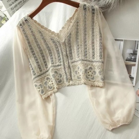 Tops - Embroidered V Neck Chiffon Classy long Sleeve Top